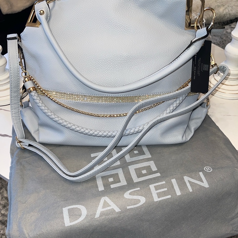 Stylish Light Blue Handbag with Gold Accents - Picture 7 of 15